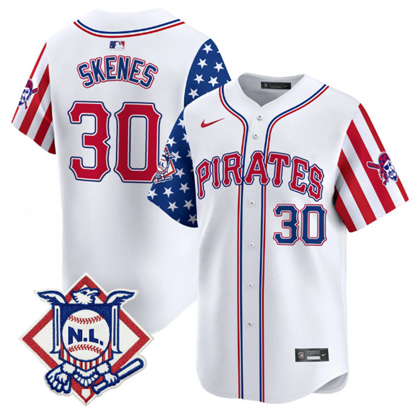 Men's White Pittsburgh Pirates #30 Paul Skenes 2024 Fourth of July Vapor Limited Stitched Baseball Jersey
